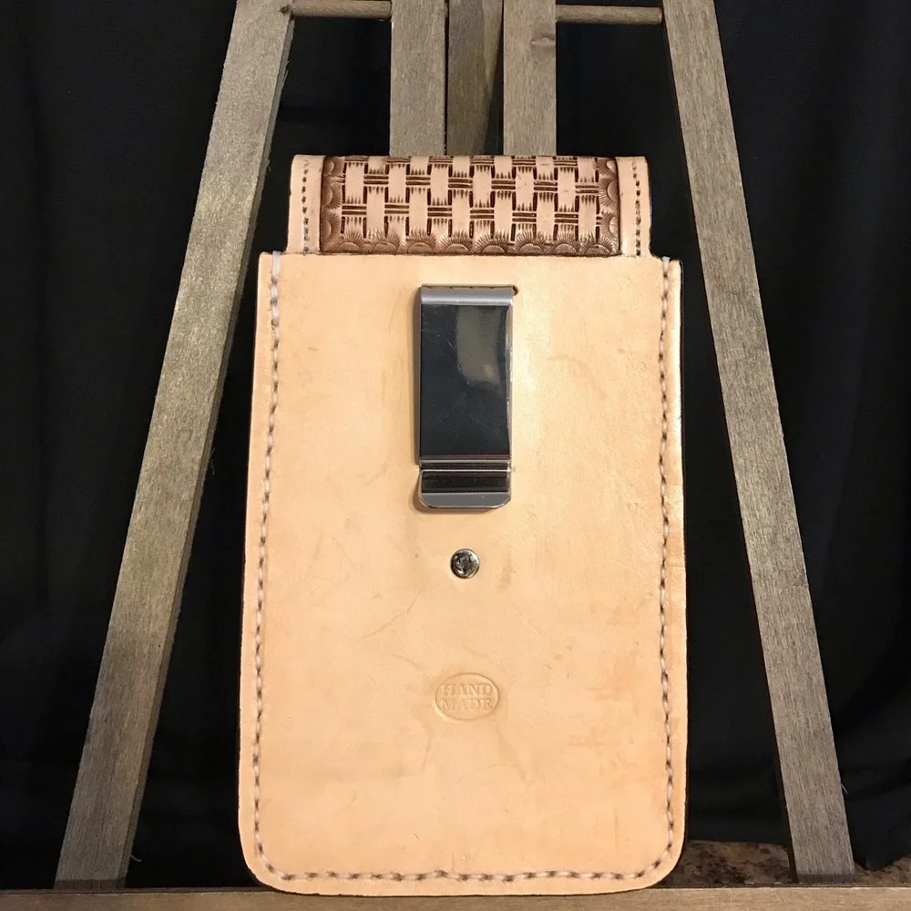 Leather Handmade Tooled Cellphone Carrier with Clip for Belt or Waistband